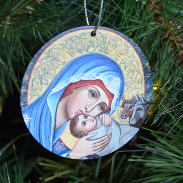 Icon ornament of the Theotokos and Christ printed on wood.