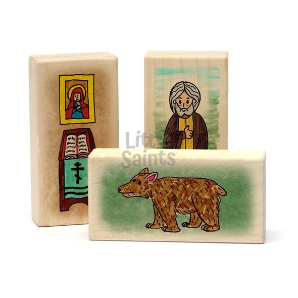 Maple block playset with St. Seraphim, prayer corner, and bear; watercolor icons for children.