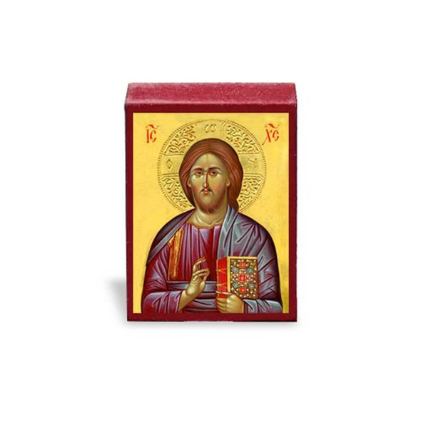 Micro icon of the Christ Pantocrator blessing with one hand and holding the Gospel texts in the other