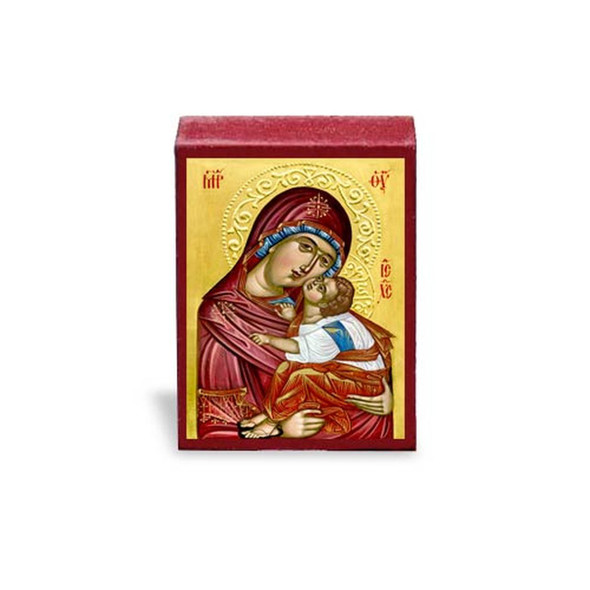 Micro icon of the Theotokos holding her Son Jesus against a gold background 