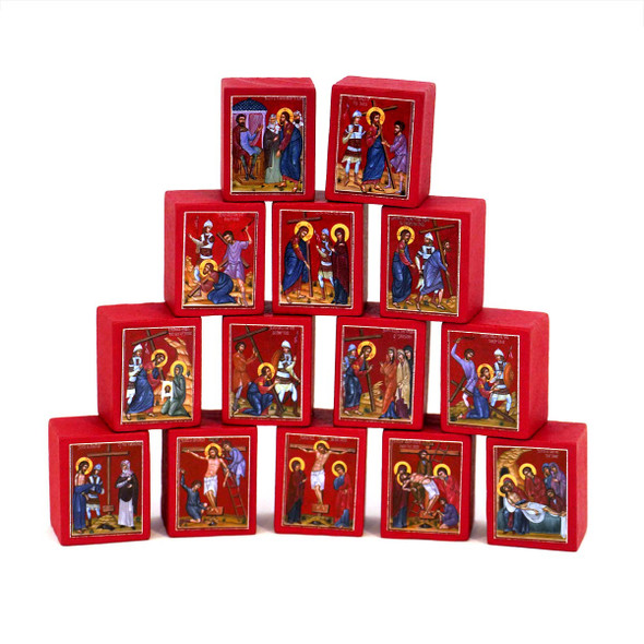 Micro icon set of the stages of the cross in red tones