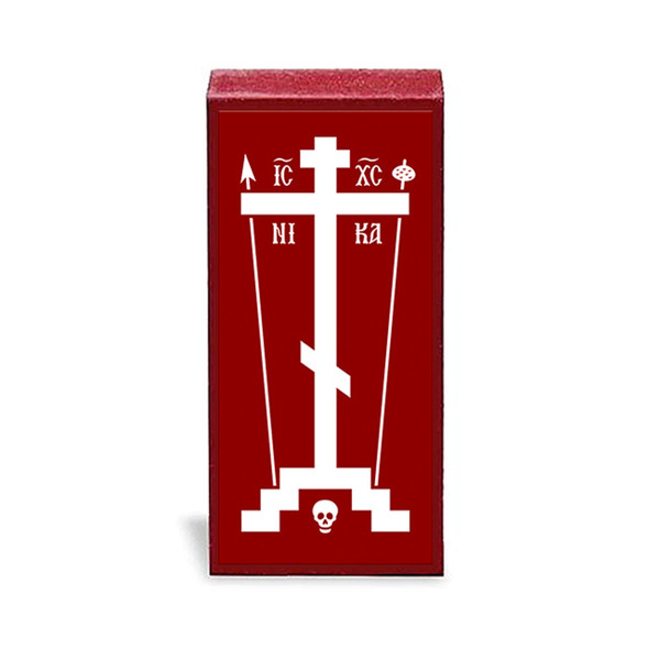 The cross of Golgotha shown in white against a red ground
