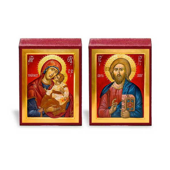 Micro icon set of Christ and Theotokos in red tones.