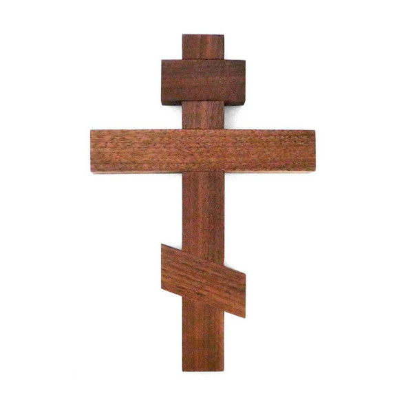 Handcrafted walnut Orthodox Wall Cross with three-bar design, polished finish, and hook for hanging.