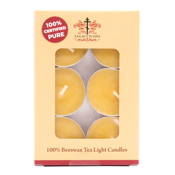 6 pack of Pure beeswax tealight candles in custom yellow box