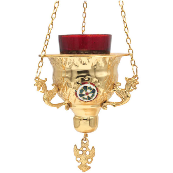 Brass Vigil Lamp Decorated with Hand Painted Cross and eagle ornament