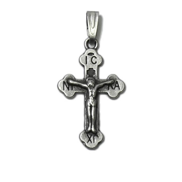 Small Orthodox baptismal cross (Style L) in German silver, includes velvet gift bag