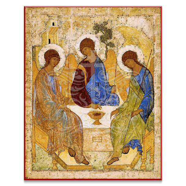 Hand-crafted replica of the famous 15th century icon of the Hospitality of Abraham, also known as the Old Testament Trinity, by Saint Andrei Rublev