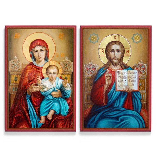 Beautiful Russian 'Academic' icon set of Christ and Theotokos Enthroned