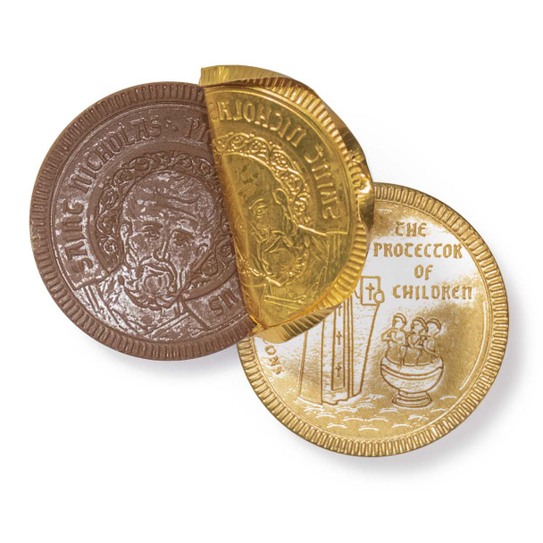 Belgian chocolate coins wrapped in foil imprinted with St. Nicholas.