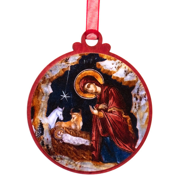 The front side of the lovely Nativity of Christ (Athos) Tree Ornament
