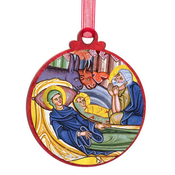 Circular ornament showing Virgin Mary lying beside baby Jesus in a manger, both with golden halos.