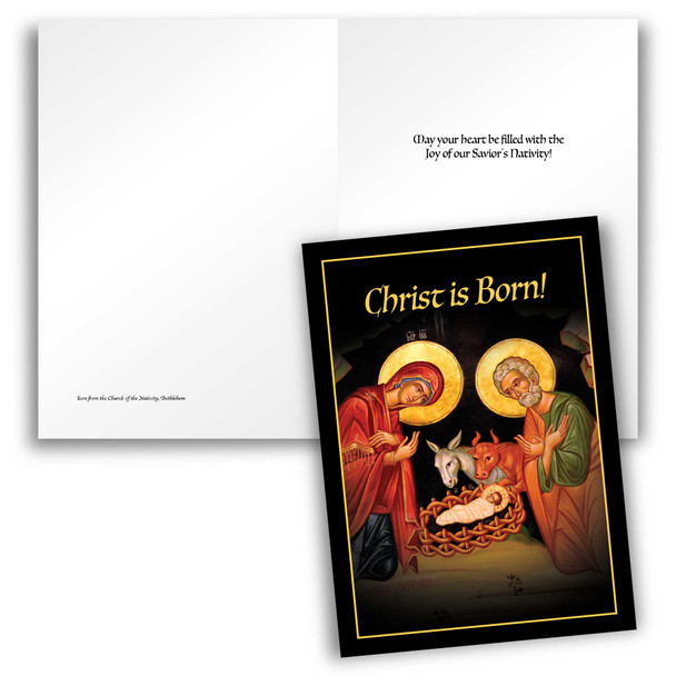Christmas card with ornate nativity scene and inner page reading “Glorify Him!” with a Christian message.
