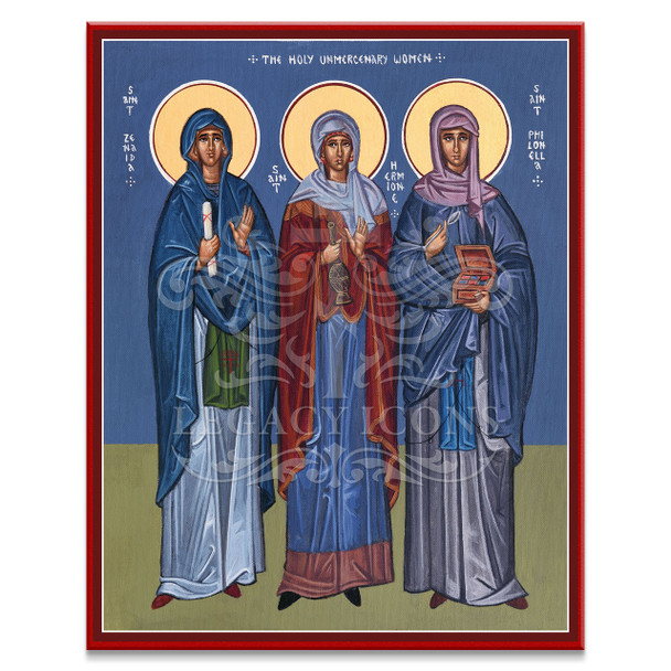 Icon of the holy umercenary women with blue background