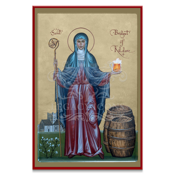 Icon of the Orthodox Irish Saint Bridget of Kildare. As abbess of Kildare, she holds a carved crosier as well as a tankard of beer as a reminder of her miracle. 