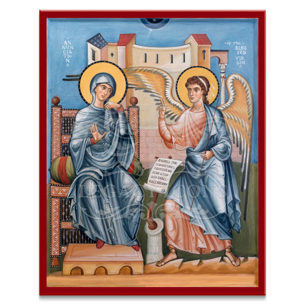 Icon of the winged Archangel Gabriel announcing the birth of Jesus Christ to the Theotokos.
