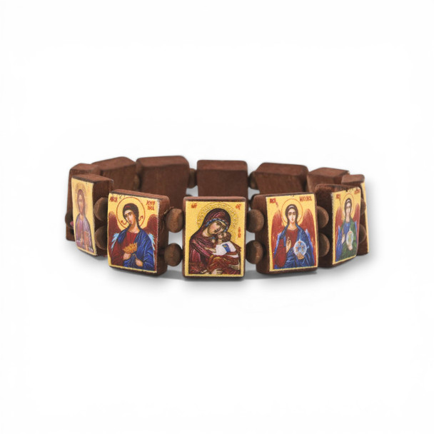A bracelet made of small wooden tablets depicting the archangels