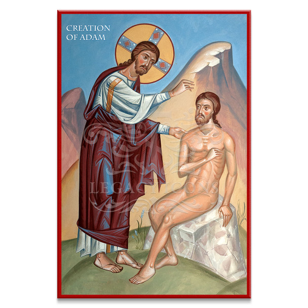 Christ bending over Adam, to whom he grants the breath of life with the blessing of his hand