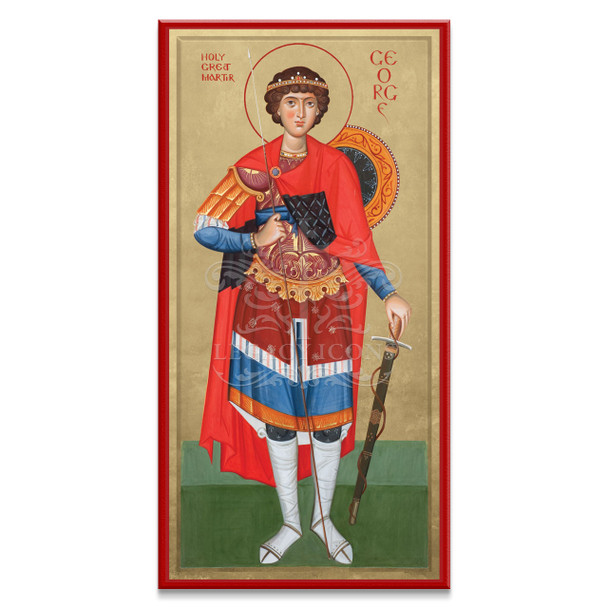 Martyr Saint George in full military armor and holding weapons of battle as depicted by the Eastern Orthodox Iconographer Vladmir Gyrgorenko. .