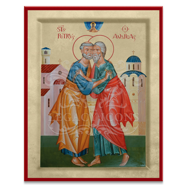 Saints Peter and Paul embracing, symbolizing the great joy they take in preaching the Gospel and building Christ's church together. 
