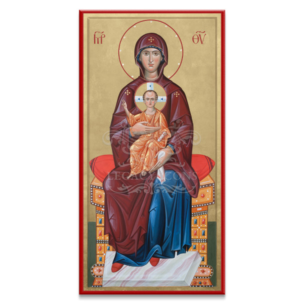 The Theotokos and Christ her son seated on a jeweled throne. 