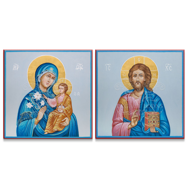 Theotokos and Christ Pantocrater icon set in blue color scheme and gold leaf. 
