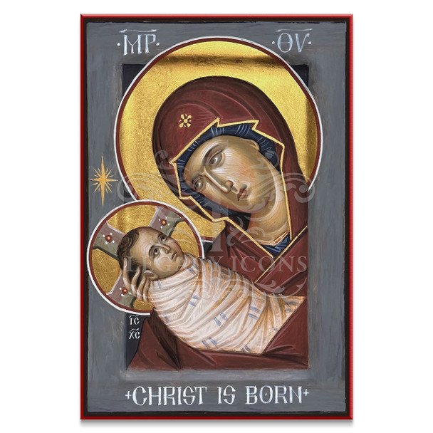 A tranquil icon of the Theotokos cradling her Son Jesus Christ who is wrapped in swaddling clothes. 