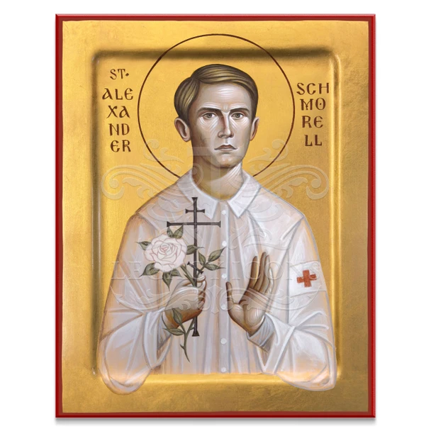 The youth martyr Alexander Schmorell dressed in the attire of a medic and holding a cross and white rose. 