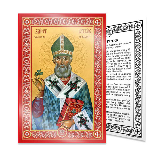 Patrick of Ireland in bishop's garb and holding a three-leafed clover