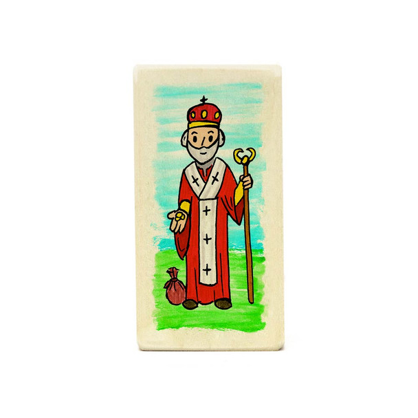 Maple block with watercolor icon of St. Nicholas and child-friendly prayer on back, 1.5x3 inches. Maple block with watercolor icon of St. Nicholas and child-friendly prayer on back, 1.5x3 inches.