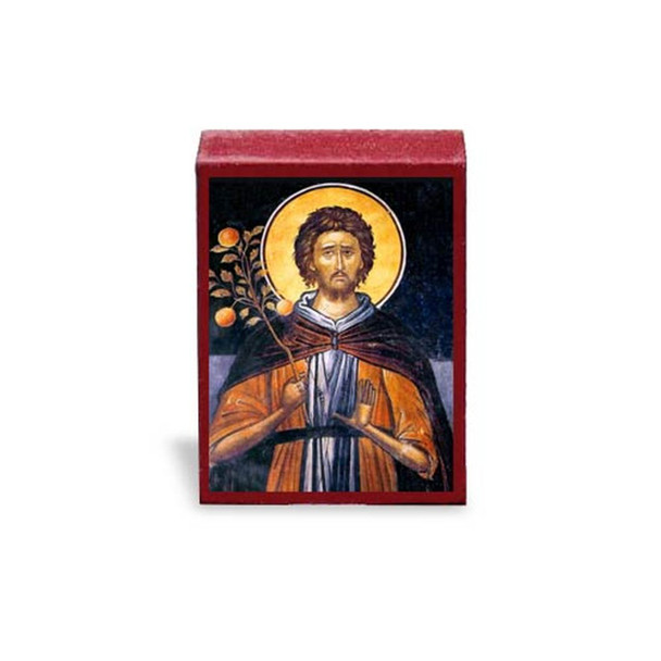 Saint Euphrosynos the cook against a dark blue background holding an apple branch