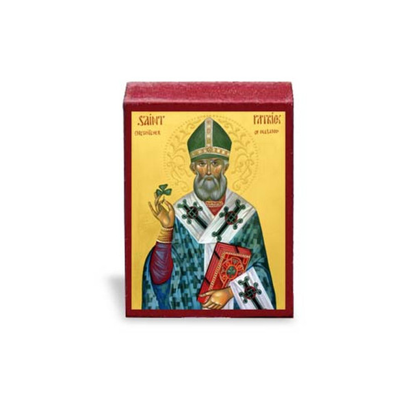 Saint Patrick of Ireland in the garb of bishop and upholding a three-leaved clover