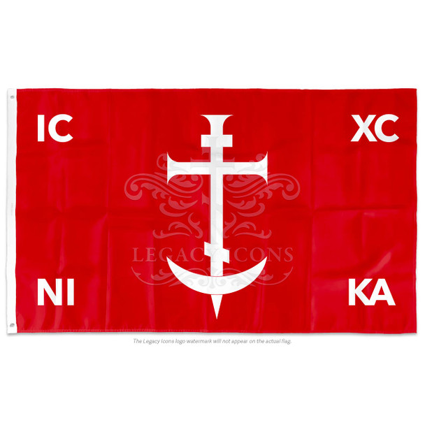 Orthodox flag with three-bar cross, crescent moon, and IC XC NIKA symbol, 3x5 ft with grommets. Orthodox flag with three-bar cross, crescent moon, and IC XC NIKA symbol, 3x5 ft with grommets.
