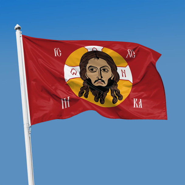 Red Orthodox flag with Christ’s Holy Face icon and IC XC NIKA text; double-sided with reinforced grommets.