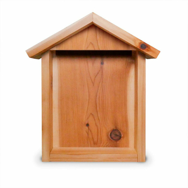 Handcrafted cedar icon shrine with peaked roof, fits 8x10 icons, suitable for indoor or outdoor display.