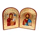 Hand-carved wooden diptych with icons of Christ and the Theotokos, accented with real gold leaf.