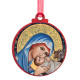 Circular Christmas ornament with red border, showing haloed Jesus and Theotokos and animals in a Nativity-style scene.