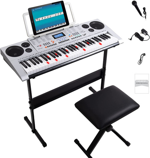 JMFinger 61 Keys Electronic Keyboards Portable Piano Keyboard for Beginners Set with Full Size Lighted Keys, Built-In Speakers, Microphone, OTG Cable, Music Stand, Keyboard Stand and Bench, Silver