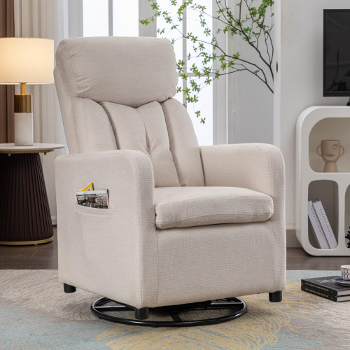 022-Linen Fabric Swivel Rocking Chair Gilder Chair With Pocket,Beige