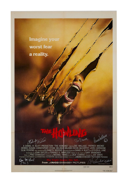 SIGNED THE HOWLING MOVIE POSTER BY JOE DANTE, DEE WALLACE PLUS 3 CAST-SIGNED MEMBERS
