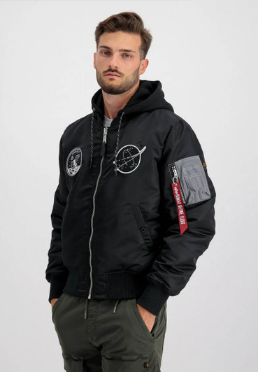 Alpha Industries Mens MA1 Flight Jacket Dark Side Hooded Jacket in Reflective Black