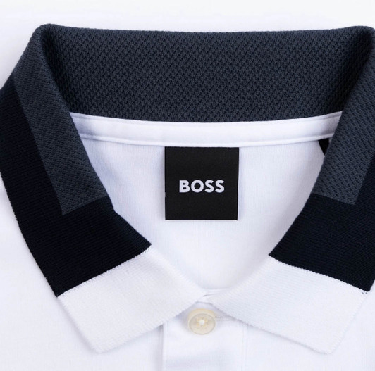 Hugo Boss Mens Polo Shirt BOSS Colour Block Collar Slim Fitted Polo Shirt in White
