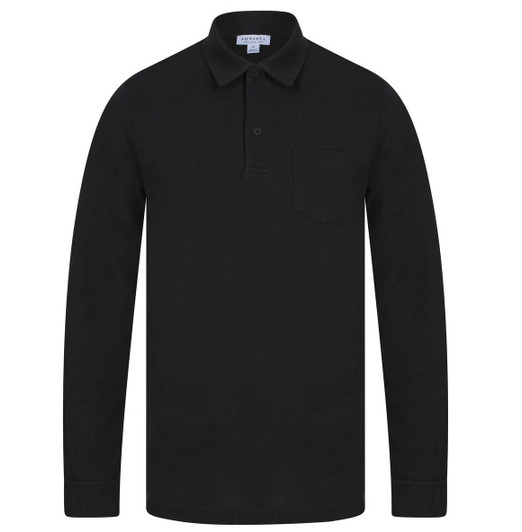 Sunspel Mens Polo Shirt Riviera Long Sleeved Polo in Black