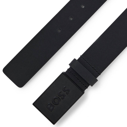 BOSS Mens Belt Hugo Boss Icon S1 Textured Plaque Buckle Italian Leather Belt in Black