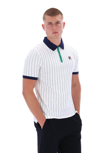 Fila Polo Shirt Mens FILA BB1 Classic Vintage Striped Polo in White / Green / FILA Navy