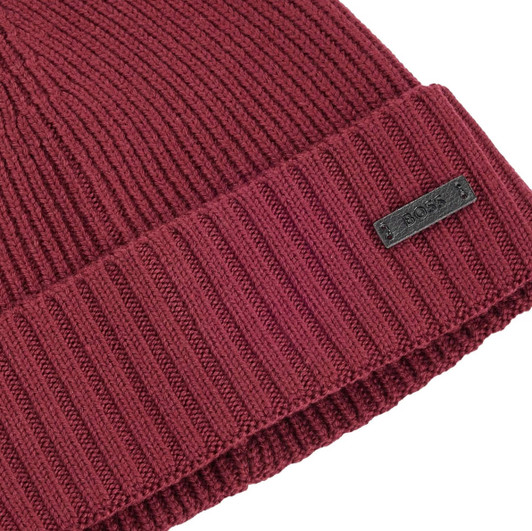 BOSS Mens Beanie Hat Hugo Boss Fati Ribbed Virgin Wool in Dark Red