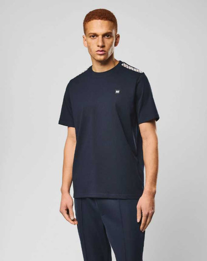 Weekend Offender Mens T-Shirt Check Trim Medea Tee in Navy Blue