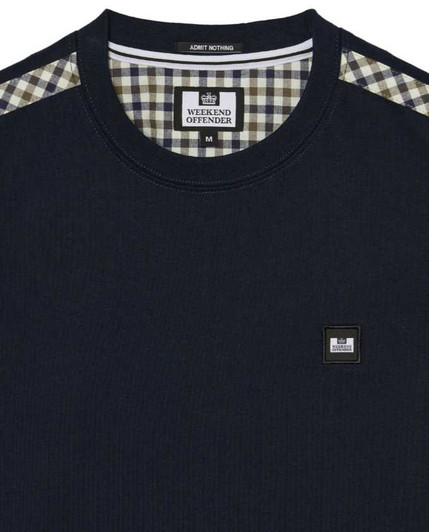 Weekend Offender Mens T-Shirt Check Trim Medea Tee in Navy Blue