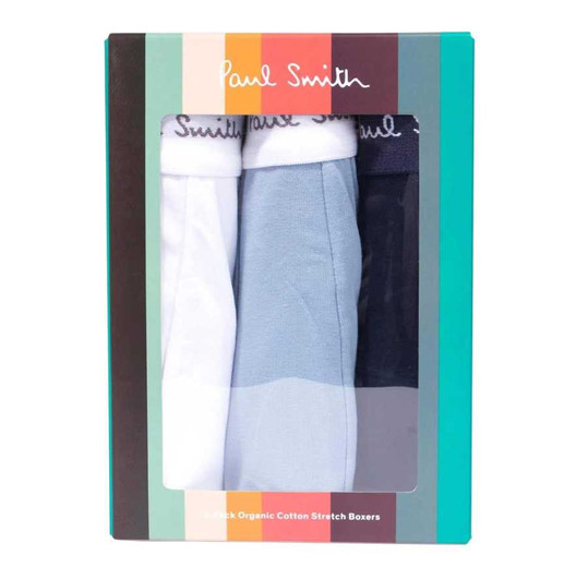 Paul Smith Mens Boxer Shorts 3 Pack Mixed Underwear Trunks in White / Navy / Blue