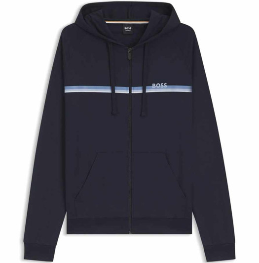 BOSS Mens Zip Up Hooded Top Hugo Boss Stripe Logo Cotton Terry Hoodie in Dark Blue